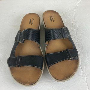 Clarks Womens Sz 9.5 Black Leather Double Strap Slip In Sandals Comfort Shoe